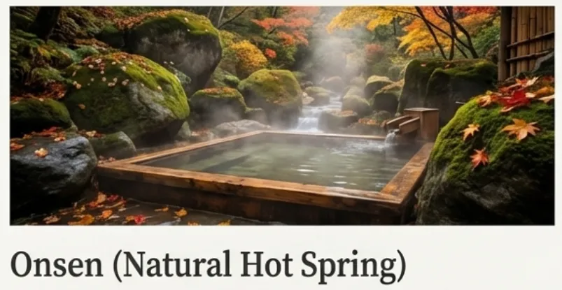 Outdoor Japanese onsen wooden bath surrounded by autumn forest — natural hot spring experience