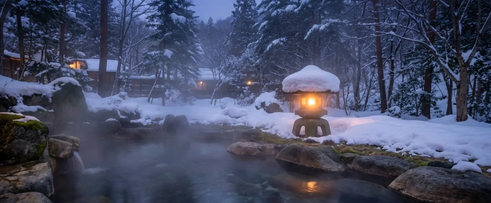Japanese onsen experience — snow-covered outdoor hot spring bath with stone lantern at dusk